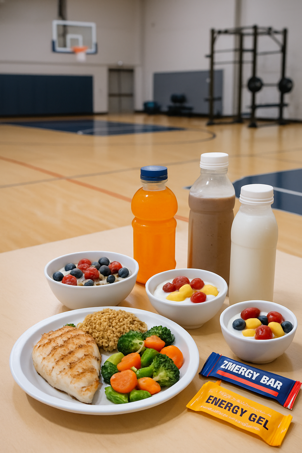 Basketball player using the SnapEat AI meal tracking app on a smartphone to log a healthy meal of chicken and quinoa.