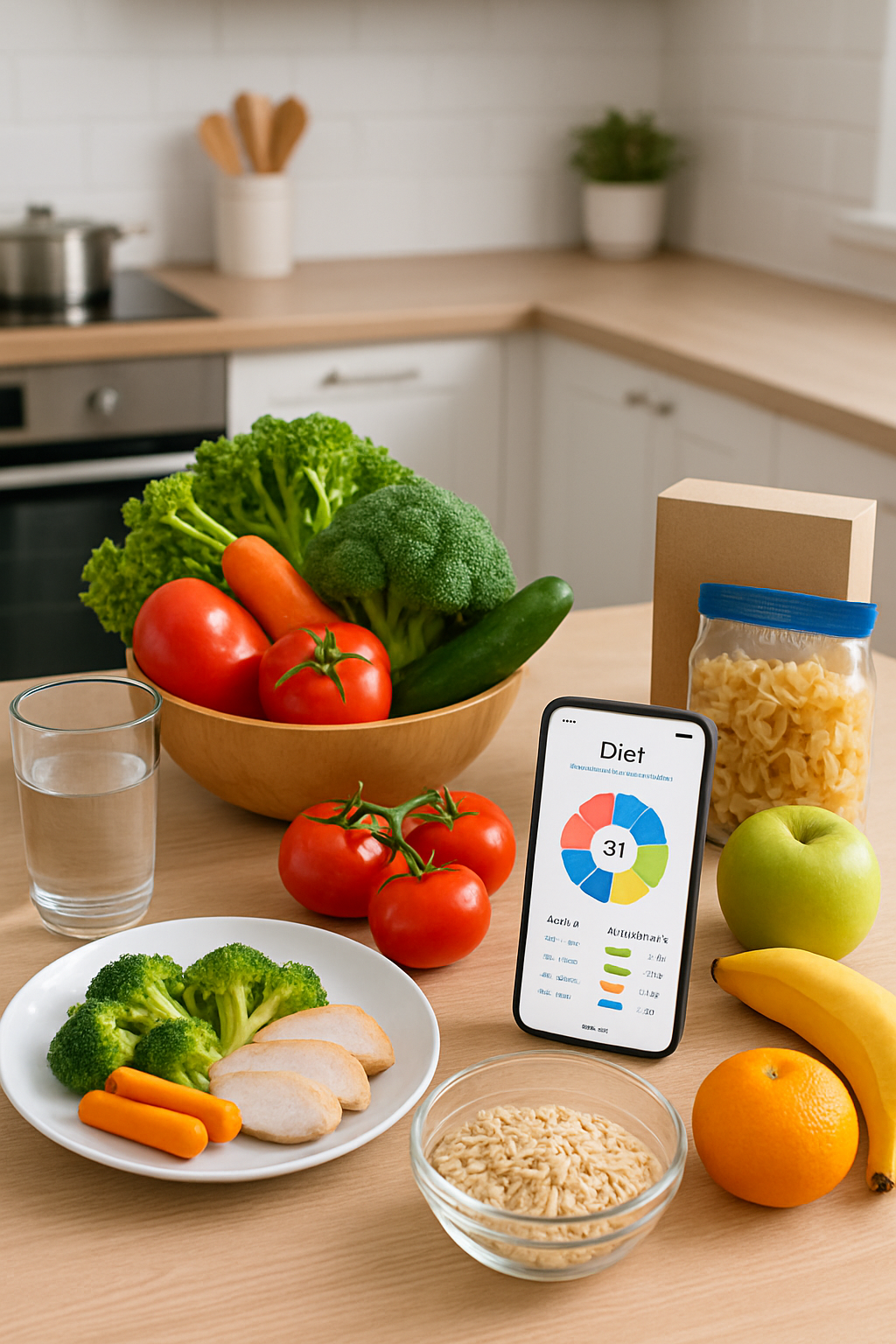 Smartphone showing the SnapEat AI app using smart food recognition to analyze the calories in a bowl of salad.