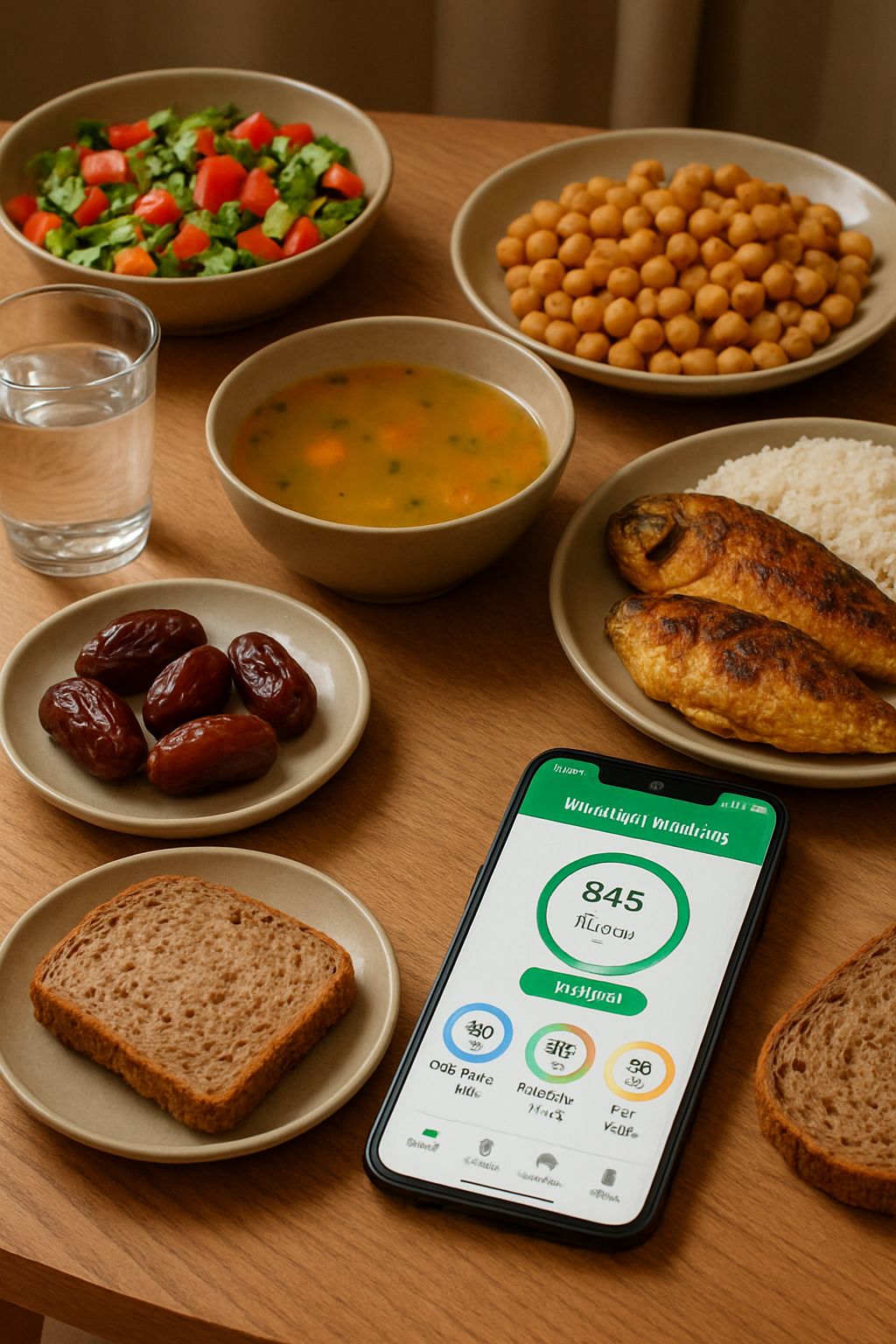 A balanced and healthy Iftar meal on a plate with dates and water, ready to be tracked using an AI nutrition app on a smartphone.