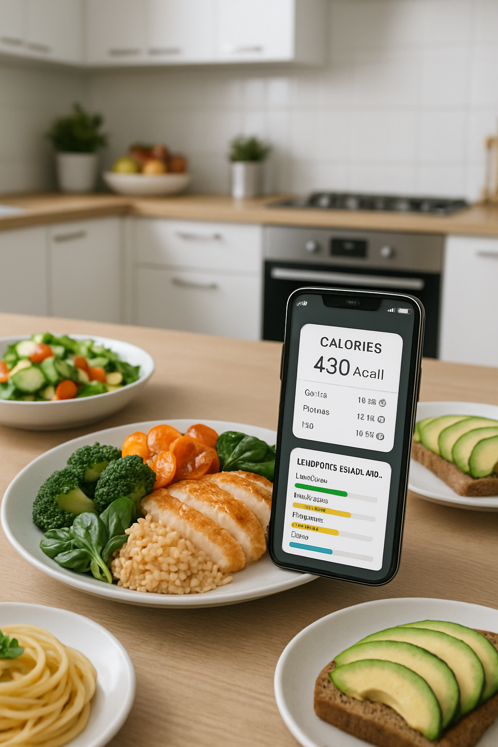SnapEat AI calorie counter app interface showing a photo analysis of a meal with nutrition data.
