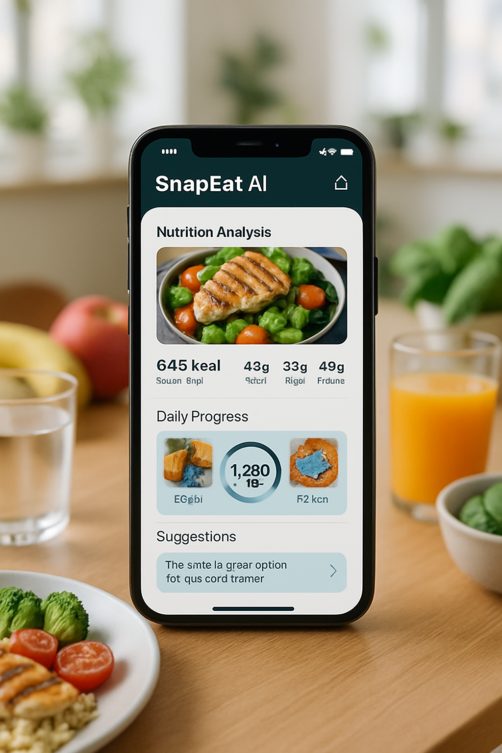 A person holding a phone with the SnapEat AI food coach app, which is analyzing a picture of a healthy meal, with Newcastle's Tyne Bridge in the background.