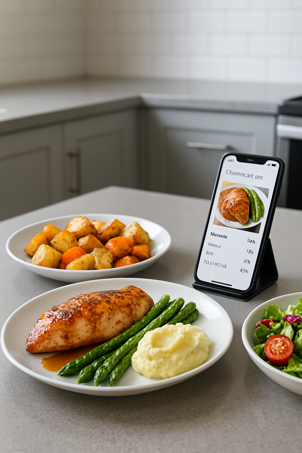A phone displaying an AI nutrition tracking interface analyzing a plate of chicken and vegetables, demonstrating SnapEat AI and Dreamina Seedance 2.0 technology.