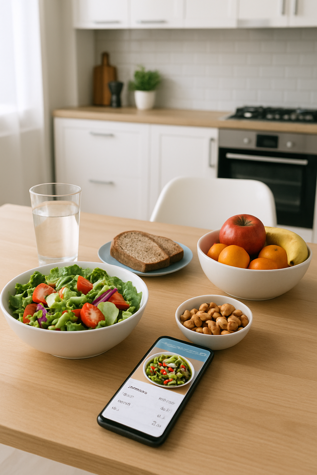 A phone screen showing the SnapEat AI app analyzing a photo of a healthy meal, demonstrating the AI nutrition tracker.