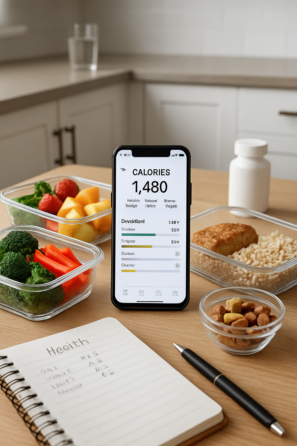 A healthy meal of salmon and vegetables with a phone showing the SnapEat AI smart calorie counter app interface.