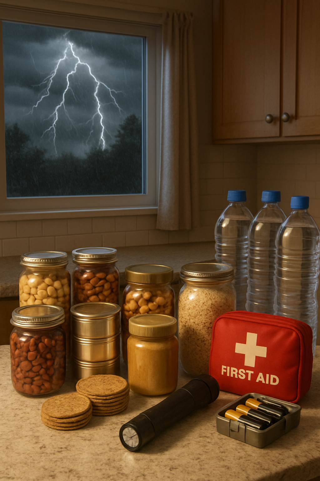 Smartphone with SnapEat AI nutrition tracker app next to healthy pantry foods like canned beans and nuts on a kitchen counter during a storm.