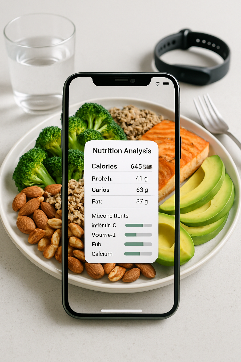 Smartphone displaying SnapEat AI app analyzing a healthy salmon and vegetable meal for nutrition tracking.