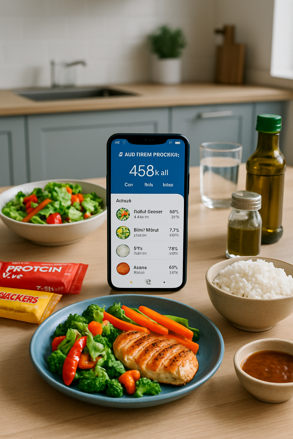 An AI meal tracker app on a smartphone displaying nutritional data after analyzing a photo of a healthy meal.