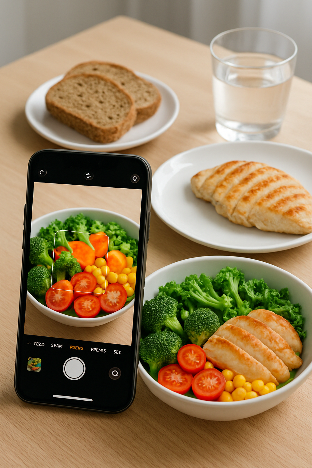A smartphone displaying the SnapEat AI calorie counter app after scanning a healthy meal of salmon, avocado, and vegetables.