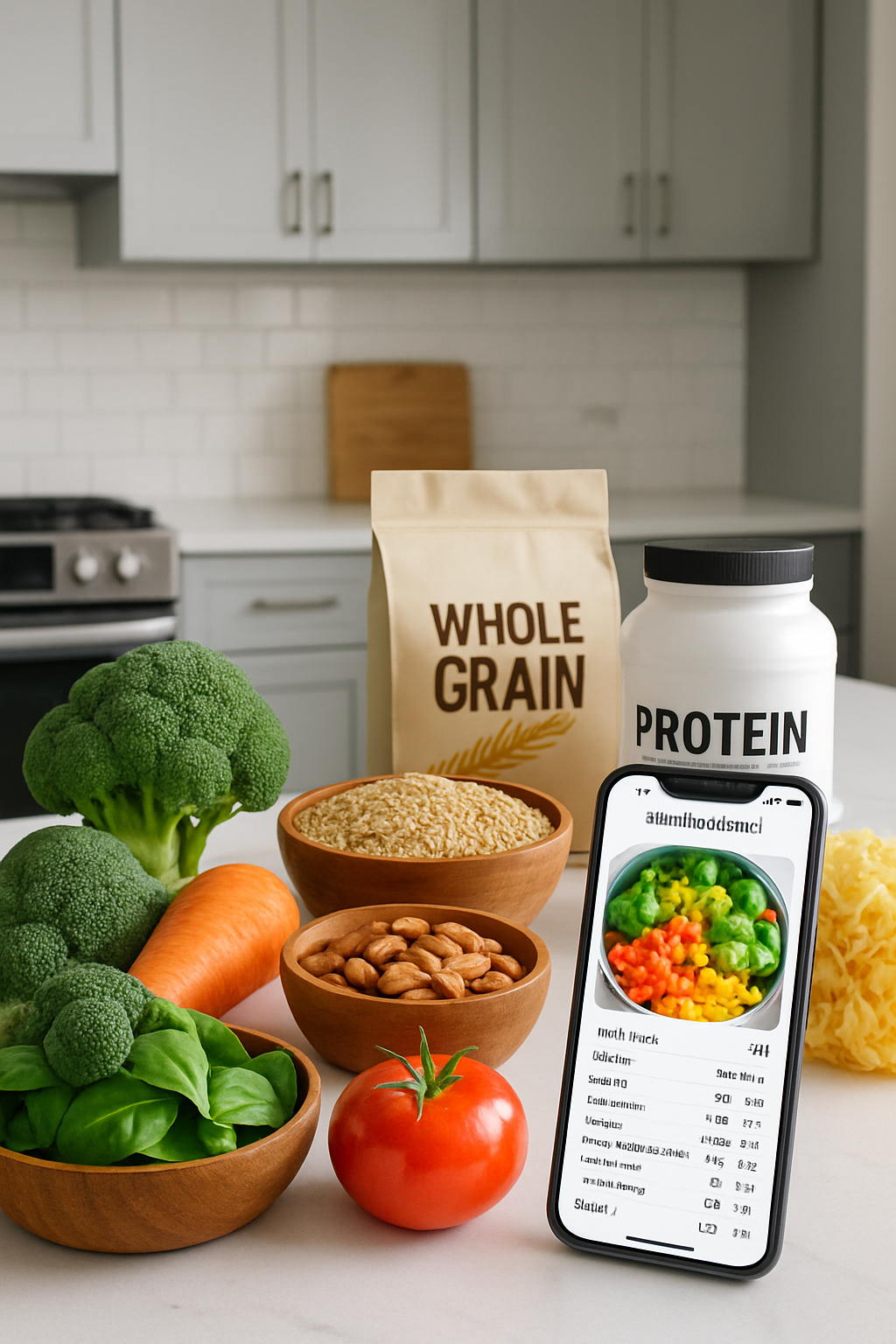A smartphone displaying the SnapEat AI app interface which analyzes a photo of a healthy meal, demonstrating smart nutrition tracking.
