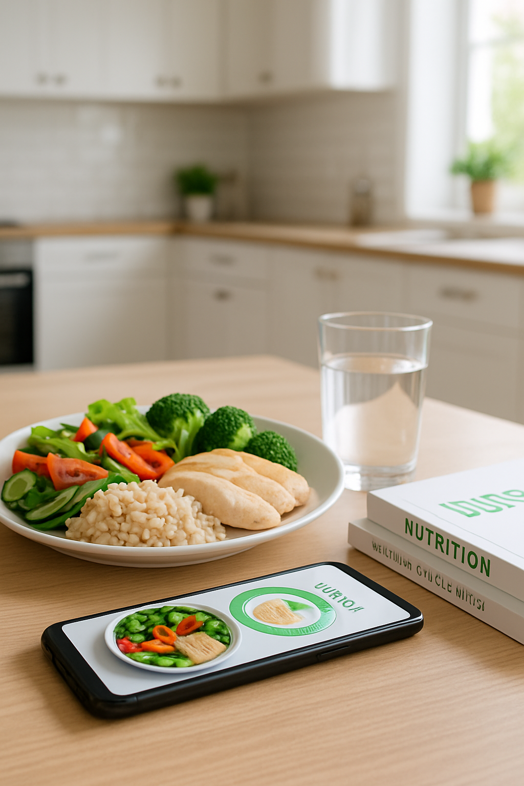 A smartphone displaying the SnapEat AI app interface, showing a photo and nutritional breakdown of a healthy meal of chicken and vegetables.