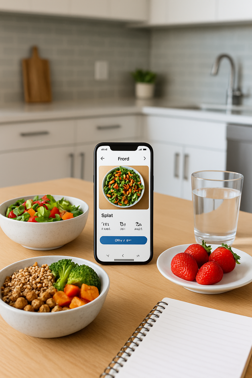A phone displaying the SnapEat AI app, which uses food recognition technology to provide nutritional analysis of a meal.