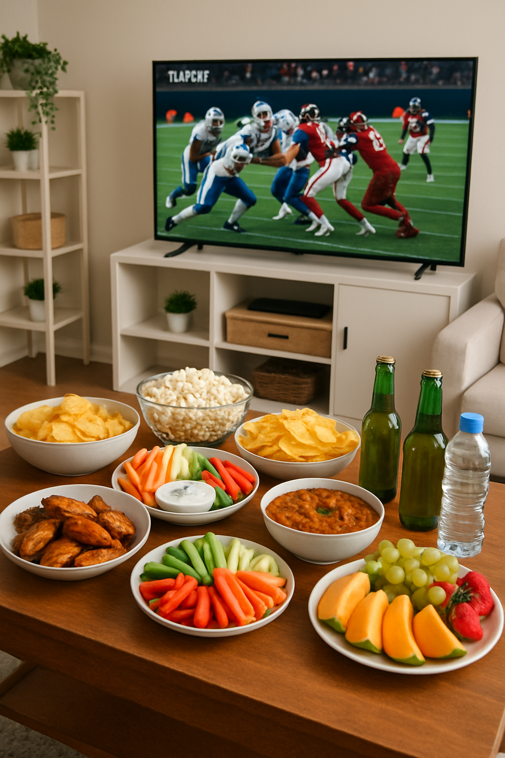 A plate of healthy game day snacks like baked wings and veggie sticks being tracked on a phone with a nutrition tracker app during an NFL game.
