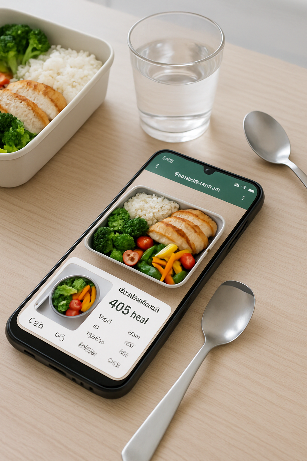 A phone displaying the SnapEat AI interface analyzing a bowl of salad, illustrating the smart food recognition feature for creators.