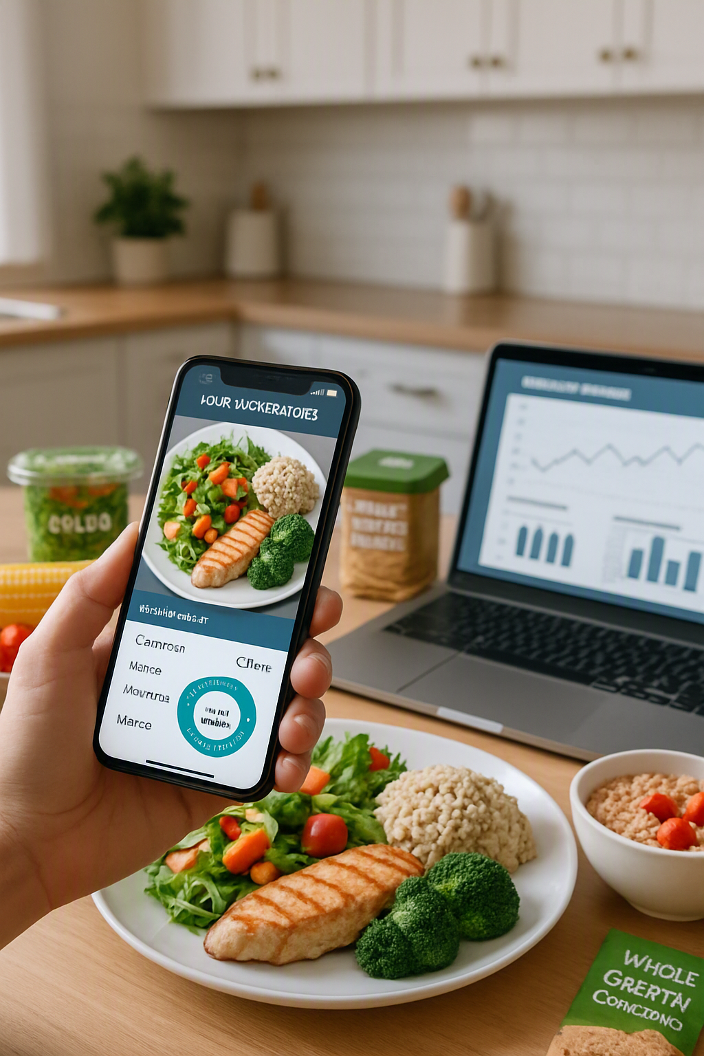 Smartphone displaying the SnapEat AI app interface which has analyzed a photo of a salmon and vegetable meal, showing its nutritional facts.