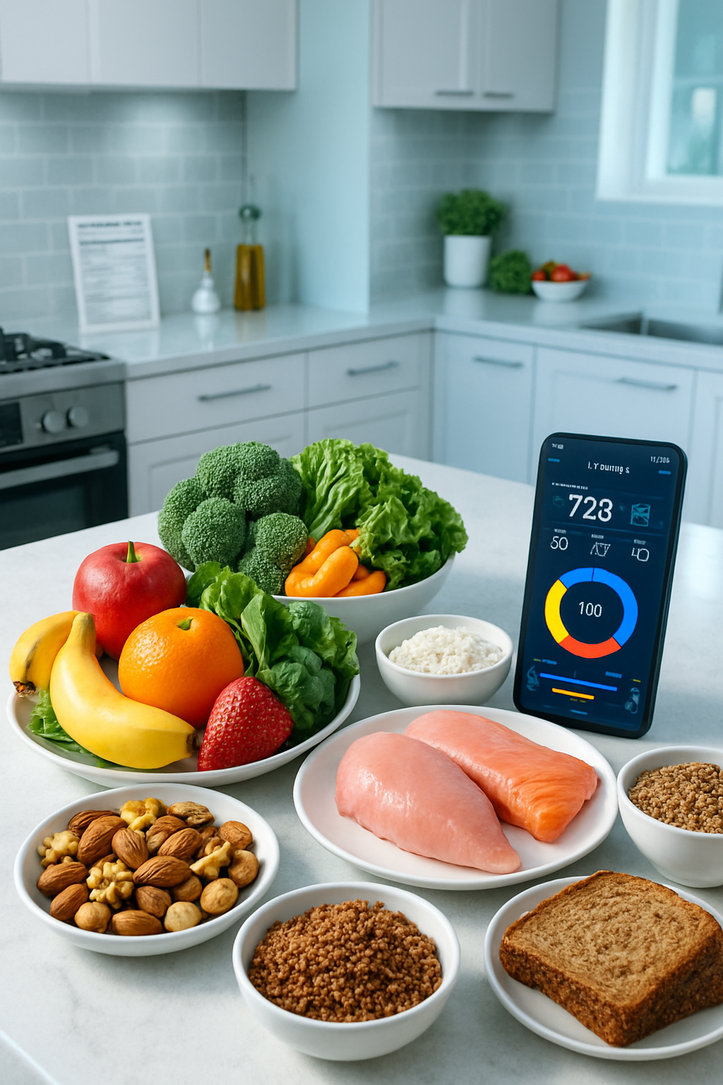 A smartphone displaying the Nutrient Coach AI app interface which is analyzing a healthy meal of salmon and vegetables.