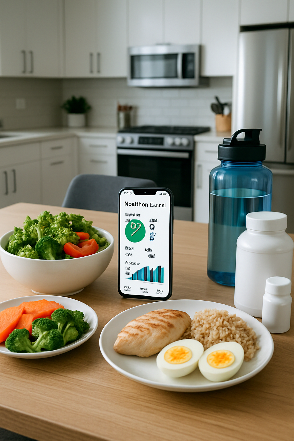 A phone displaying the SnapEat AI app analyzing a healthy meal, with DJ Moore in the background, representing AI-powered performance nutrition.
