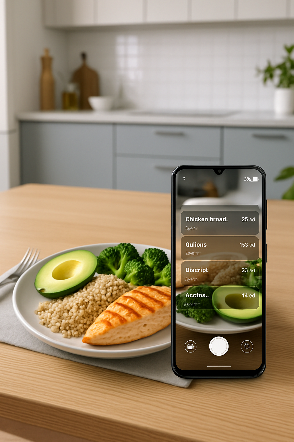 Smartphone screen showing the Samsung Health app using SnapEat AI to recognize a bowl of salad for food tracking.