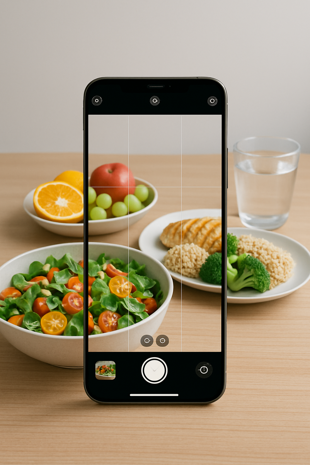 A smartphone showing the SnapEat AI smart calorie counter app analyzing a photo of a healthy meal.