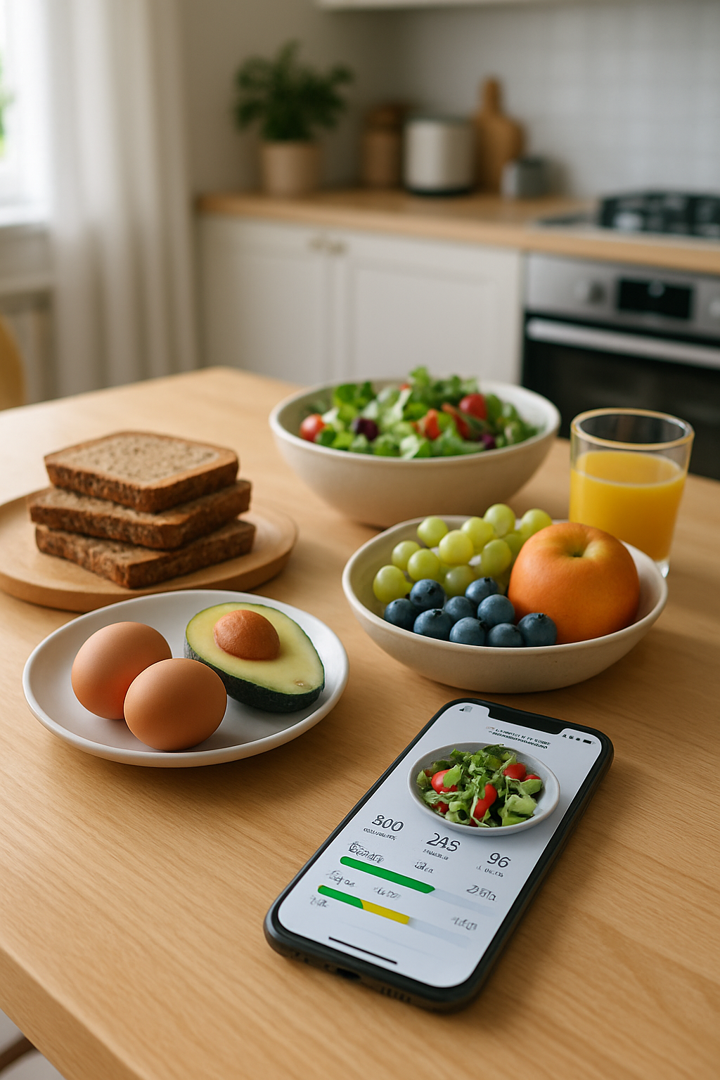 A smartphone showing the SnapEat AI meal tracking app analyzing a photo of a healthy meal with salmon and vegetables.