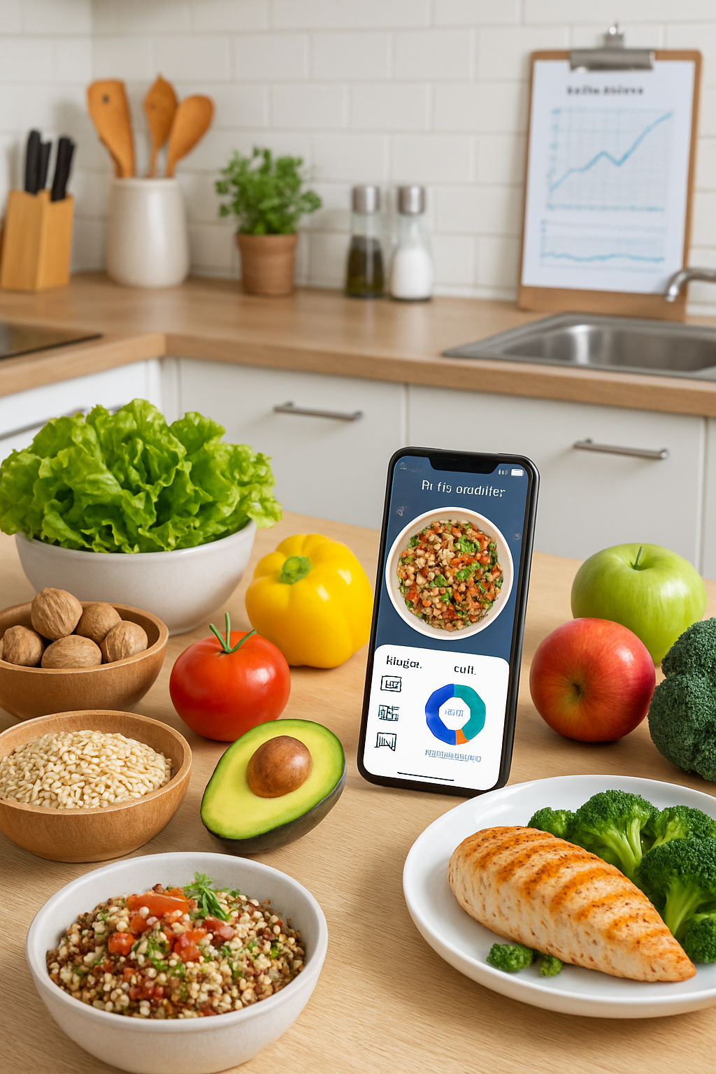 A person using the SnapEat AI app to track food by taking a photo of a healthy meal on a table.