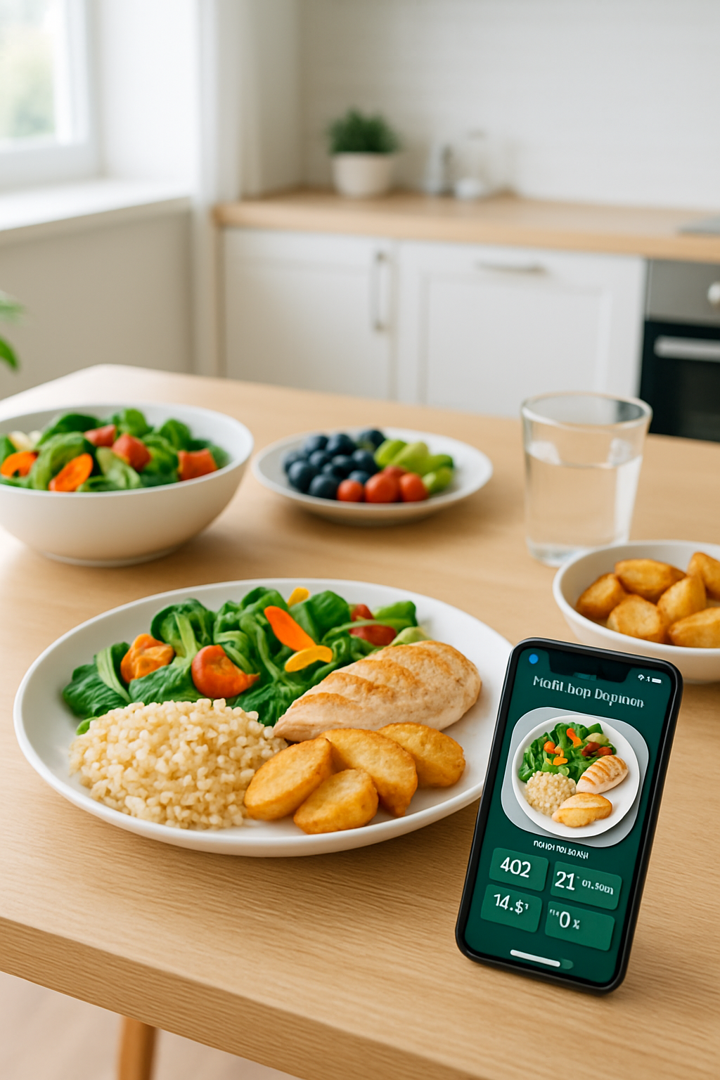 A person taking a photo of their healthy salad with a smartphone using the SnapEat AI food tracking app.