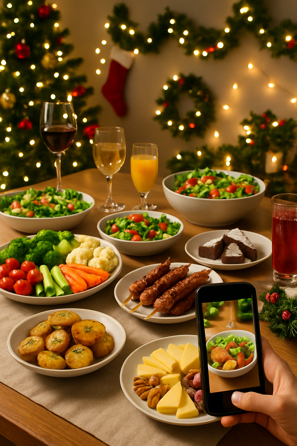 A festive table with healthy food, illustrating tips to stay healthy during Christmas parties