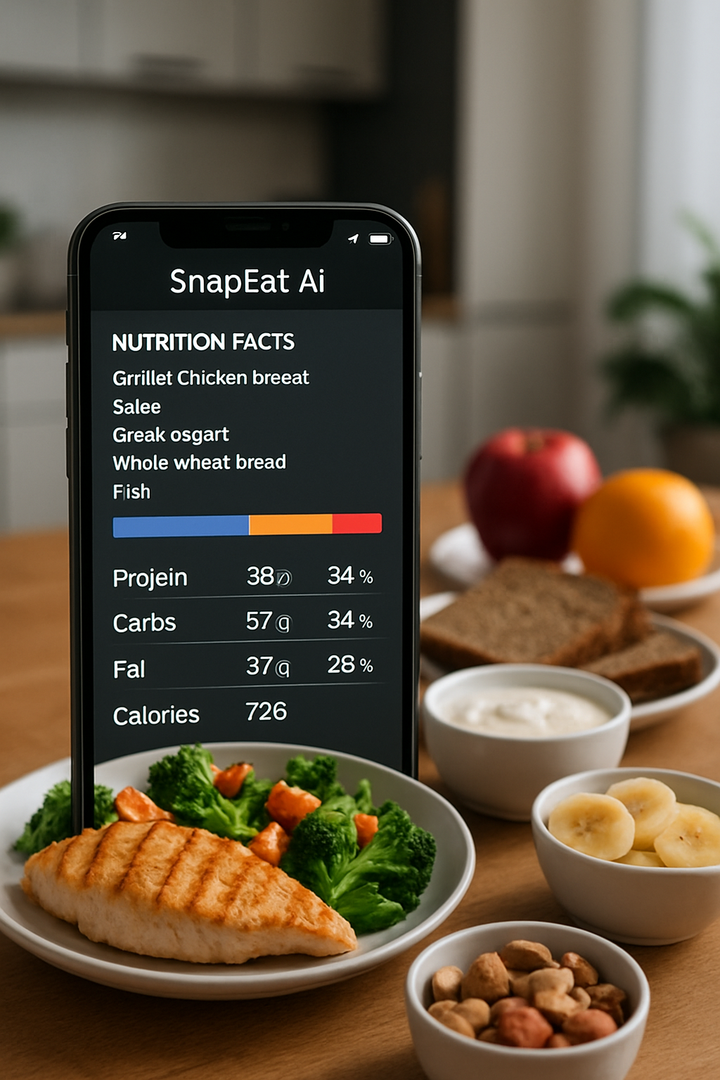 A smartphone displaying the SnapEat AI nutrition tracker app interface with a photo of a healthy meal, demonstrating how to log food by photo.