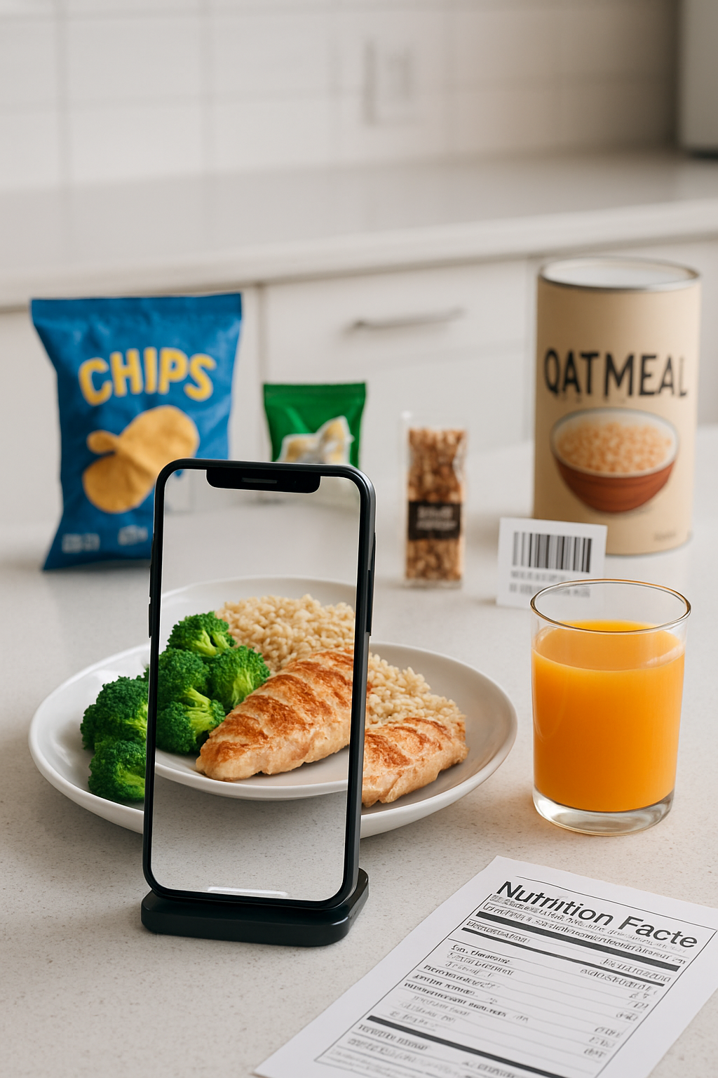 Smartphone showing the SnapEat AI smart calorie counter app after analyzing a photo of a healthy meal.