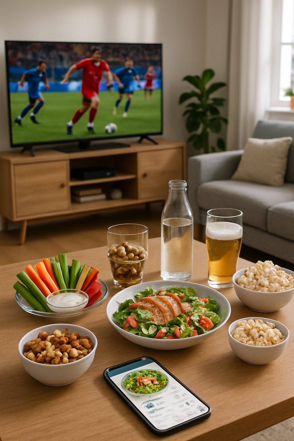 A smartphone displaying the SnapEat AI app next to a bowl of healthy snacks and a soccer ball, symbolizing a World Cup wellness plan.