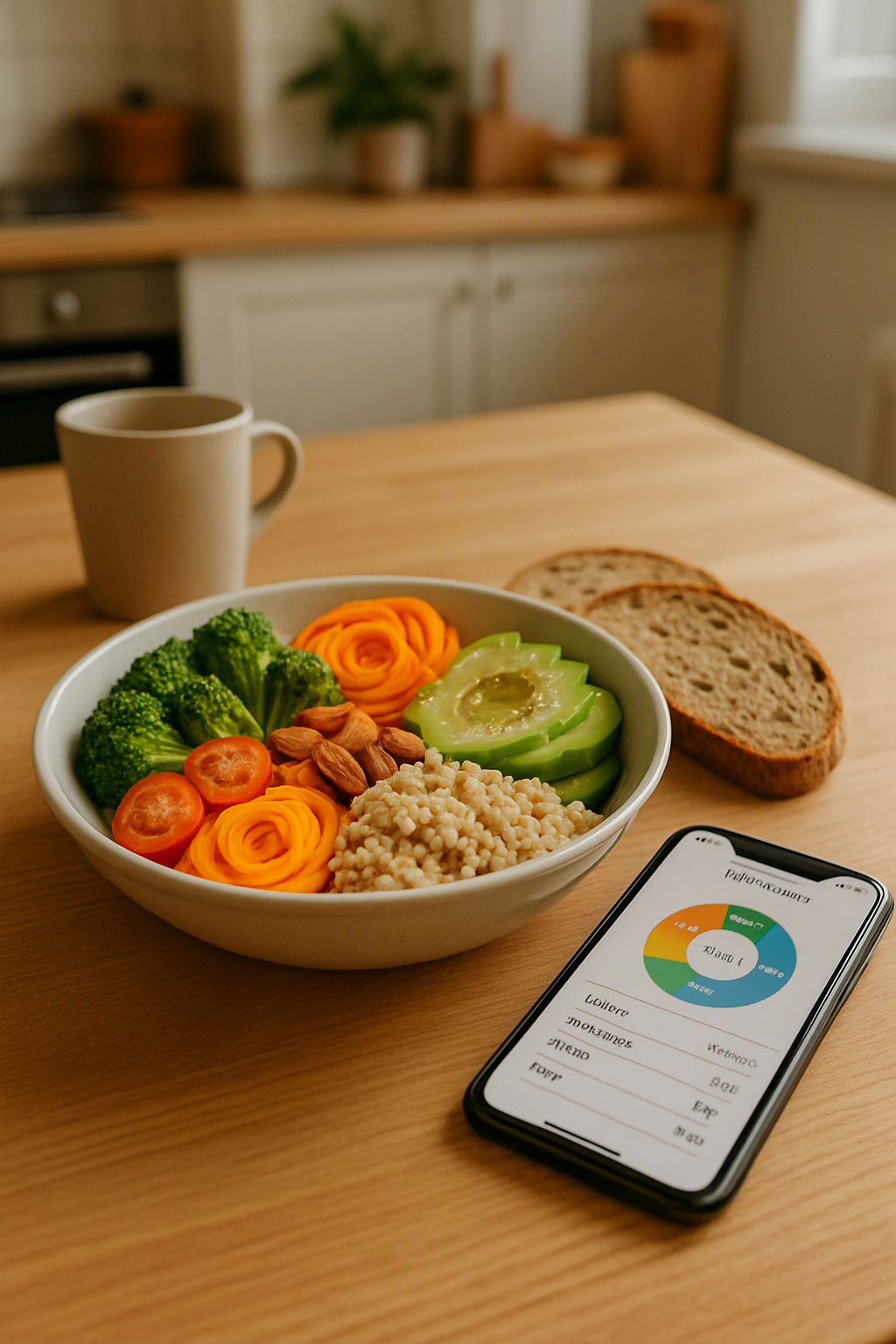 A balanced meal bowl next to a loaf of artisan boule, illustrating the SnapEat AI wellness concept of balanced eating.