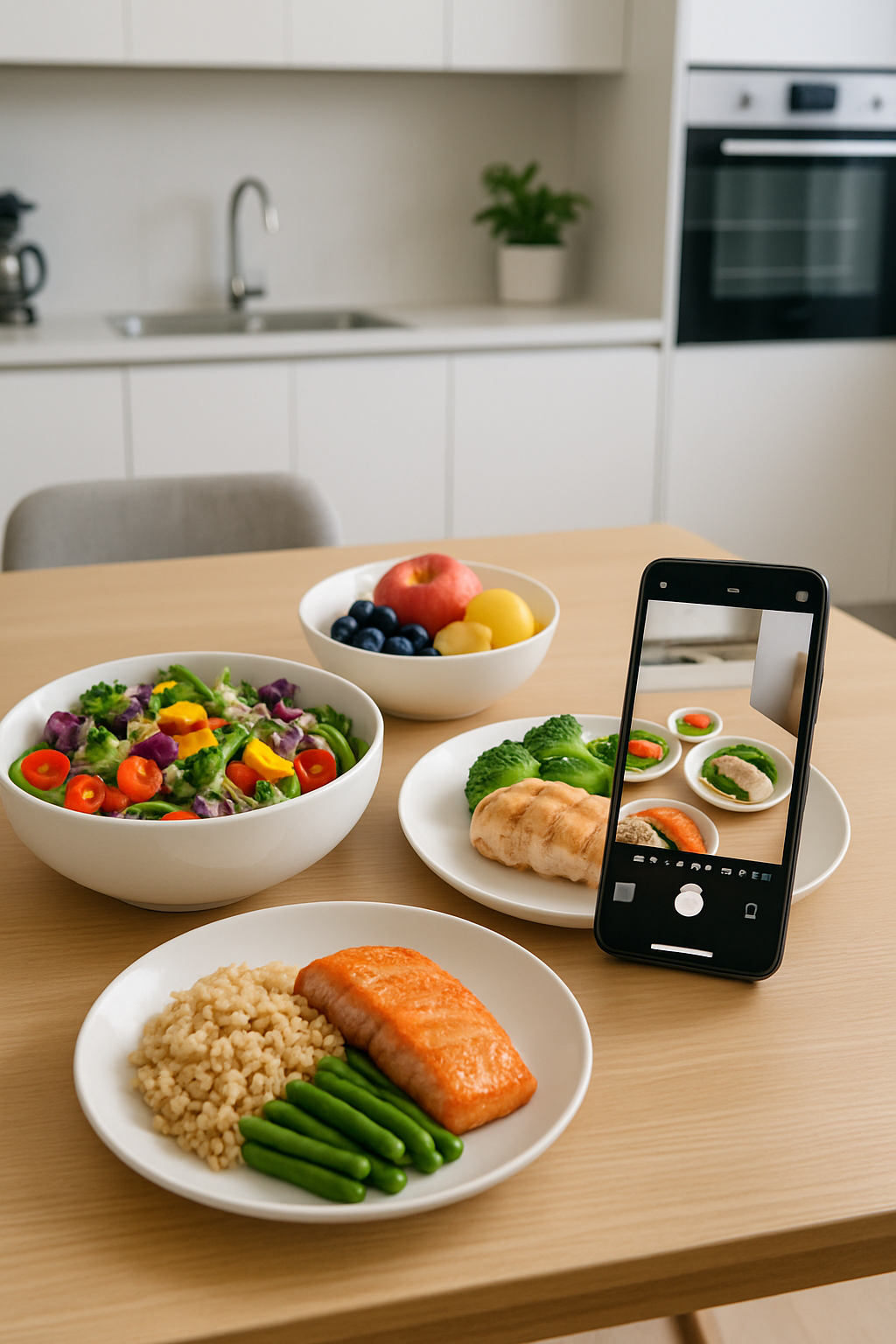 Smartphone using SnapEat AI app to perform AI food tracking by taking a photo of a healthy meal with salmon, avocado, and vegetables.
