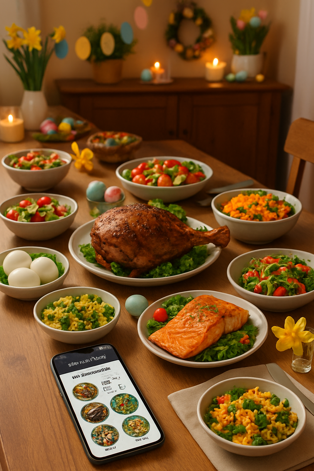 A smartphone using SnapEat AI to track a healthy Easter plate with fish, asparagus, and eggs.