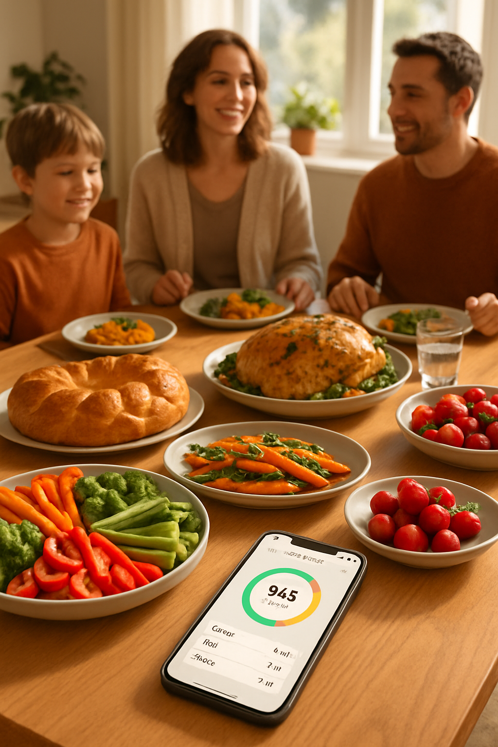 A smartphone using the SnapEat AI smart calorie tracker to analyze a plate of Palm Sunday food.