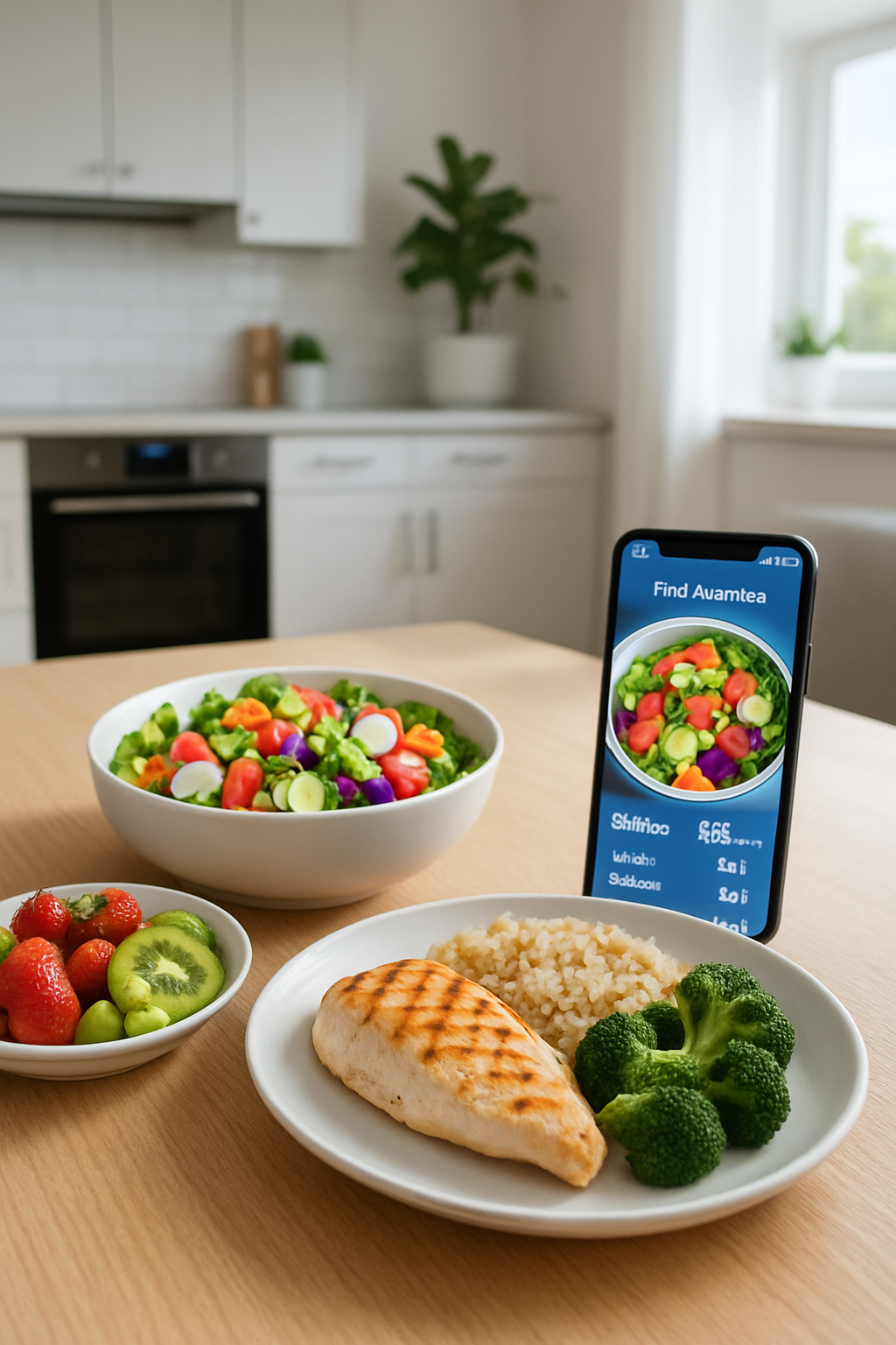 A user taking a picture of their salad with the SnapEat AI app to automatically track calories and nutrition.