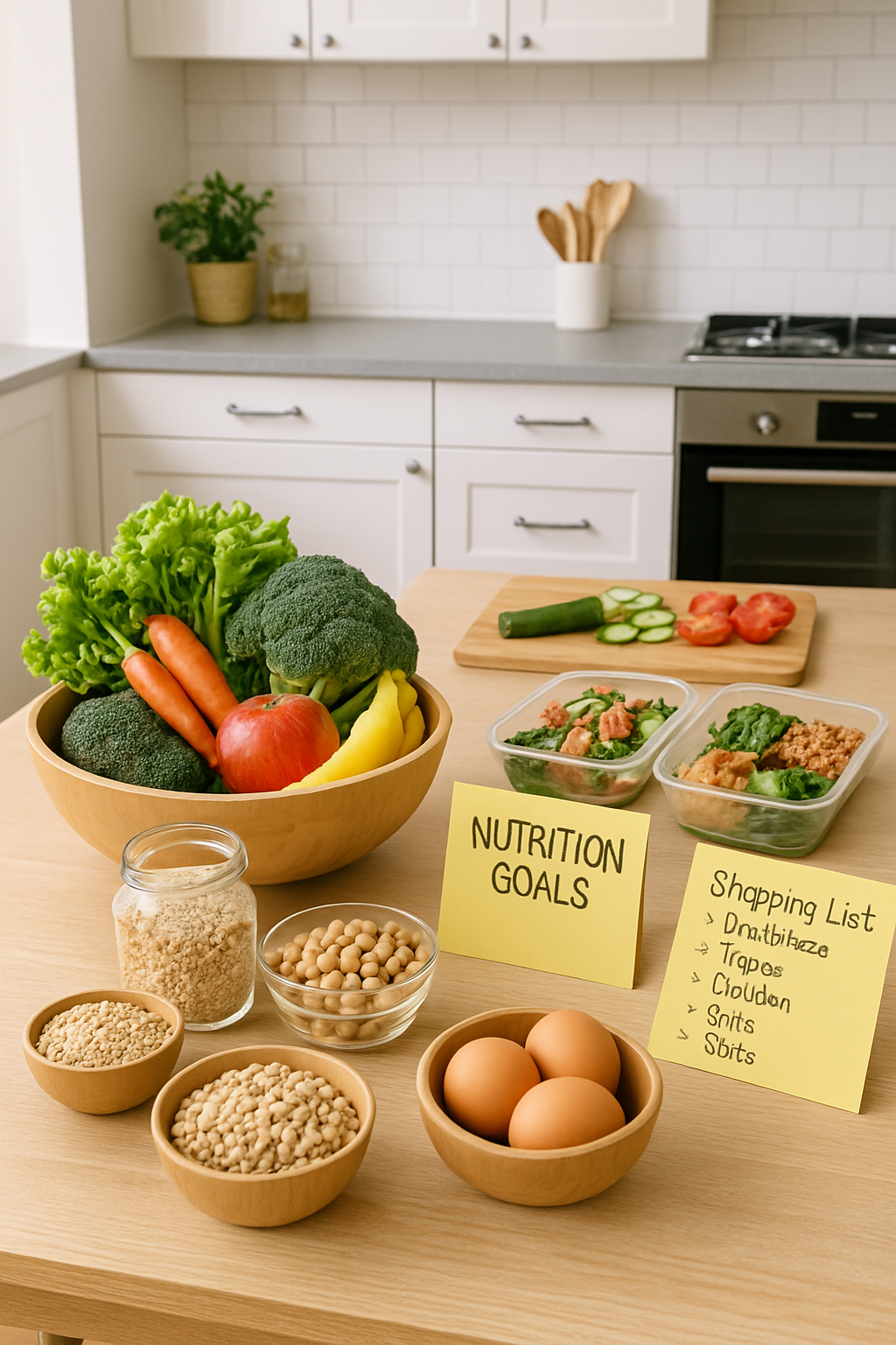 A person planning their nutrition-focused Sunday Reset using the SnapEat AI app on their phone, with healthy vegetables and a notebook on the table.