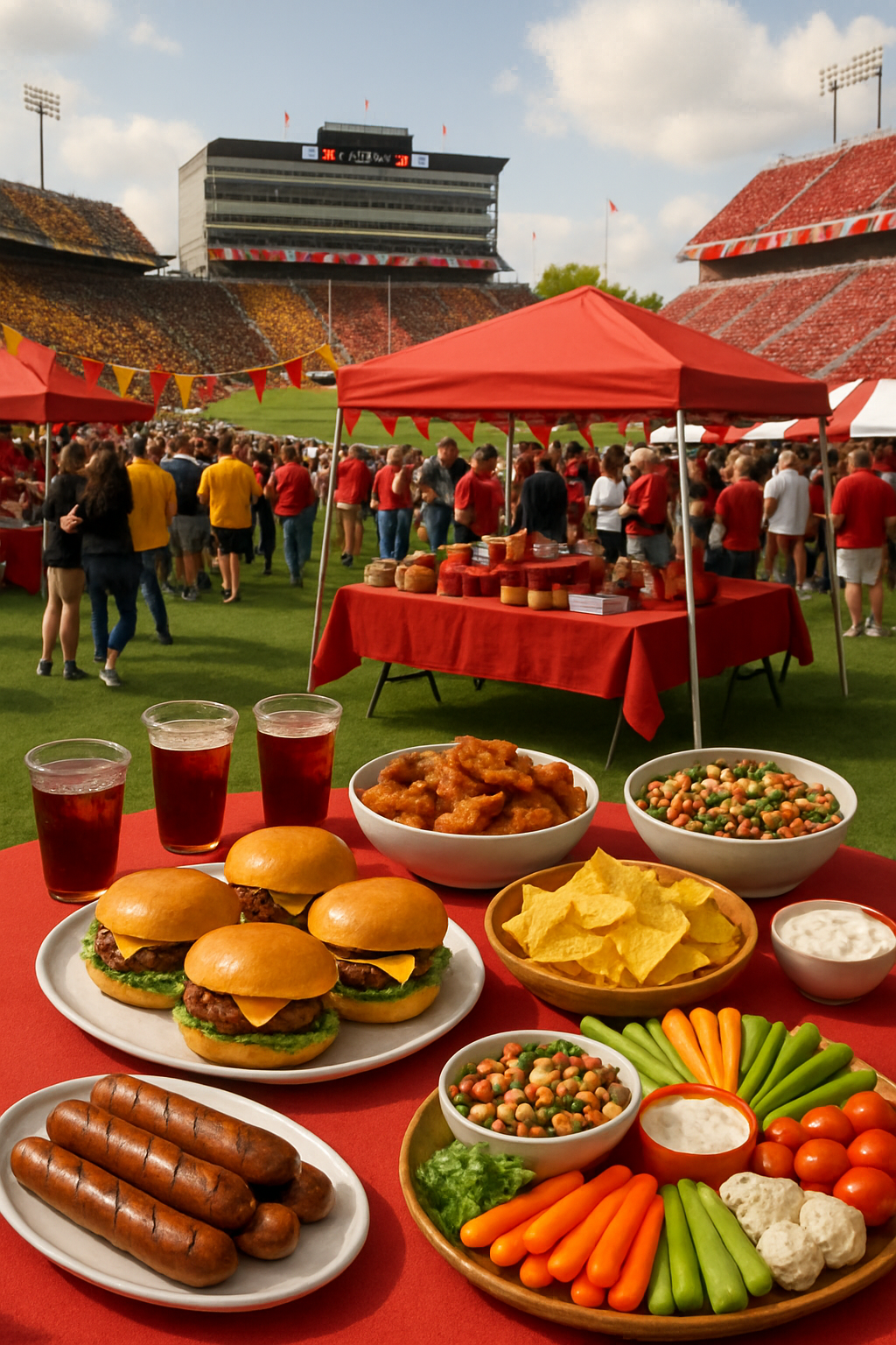 A smartphone using the SnapEat AI app to track calories of a plate of tailgate food at a football game.