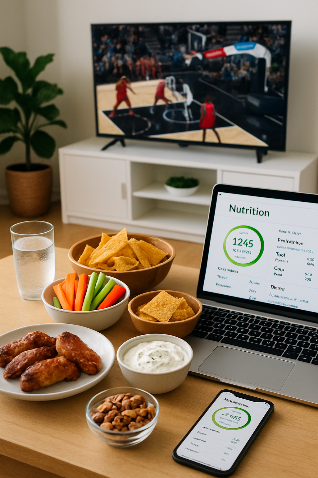 Man watching March Madness on TV, using the SnapEat AI nutrition coach app to track a plate of healthy game day snacks.