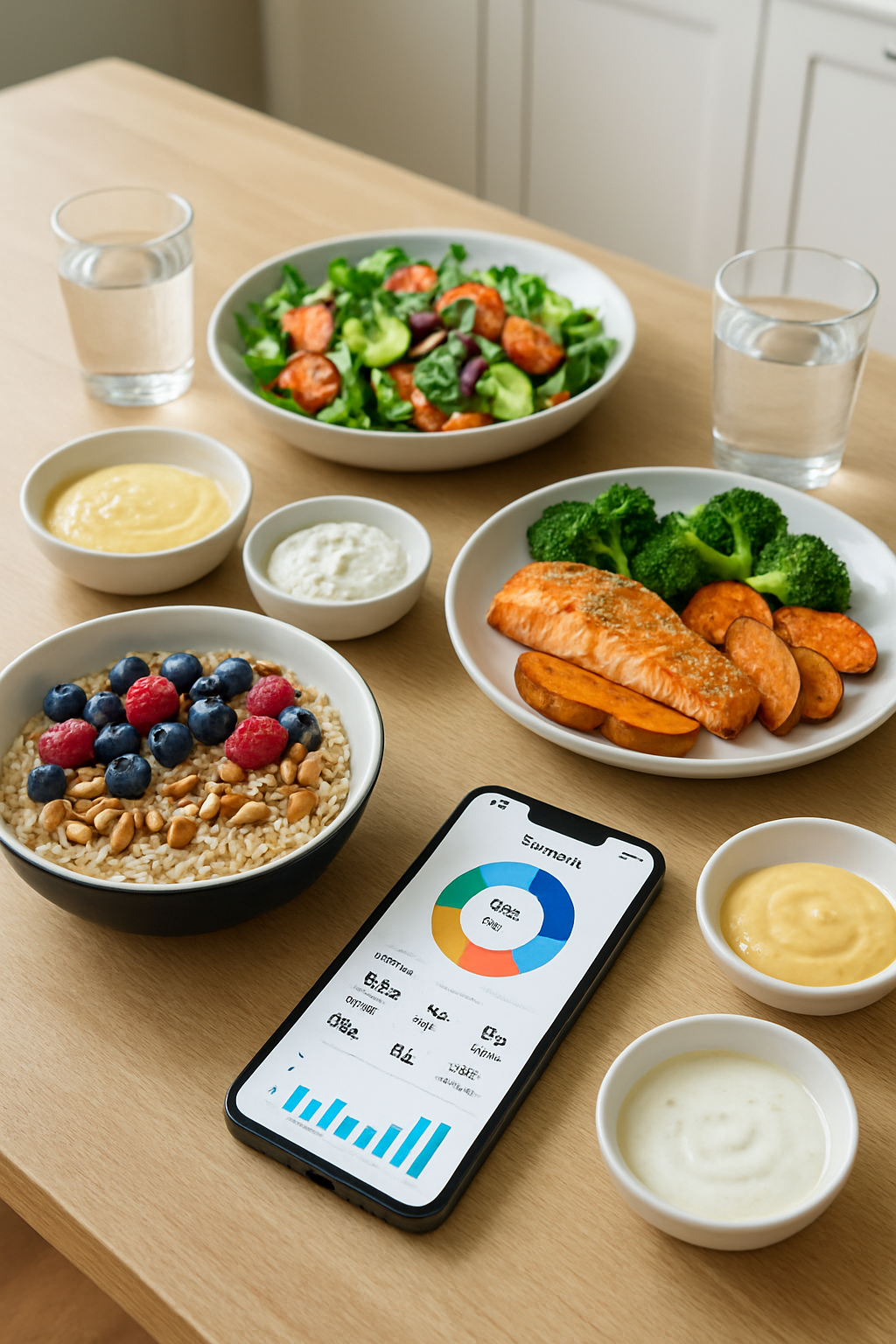 A smartphone showing the SnapEat AI nutrition tracker app analyzing an immune-boosting meal of salmon, broccoli, and sweet potatoes.