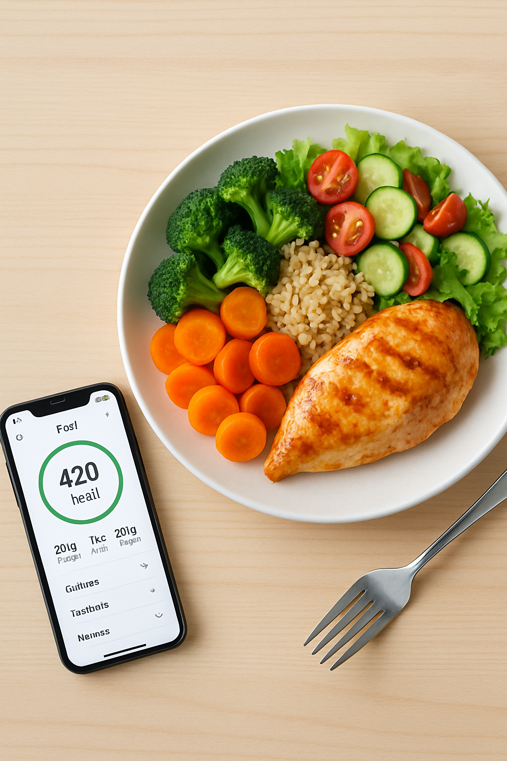 A smartphone screen displaying the Food Scan Coach app identifying a balanced meal of salmon, avocado, and vegetables.