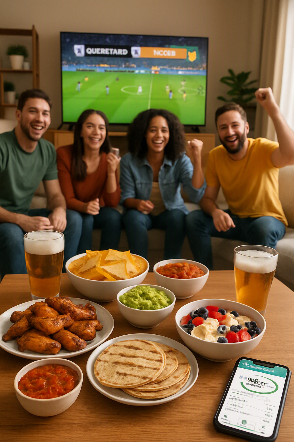 A smartphone showing the SnapEat AI food tracking app, with a plate of healthy game day tacos in the background.
