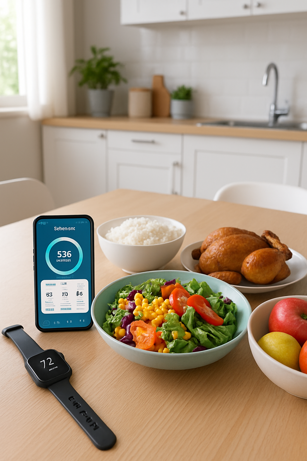 Smartphone displaying the SnapEat AI food recognition app analyzing a healthy meal of salad and fruit.