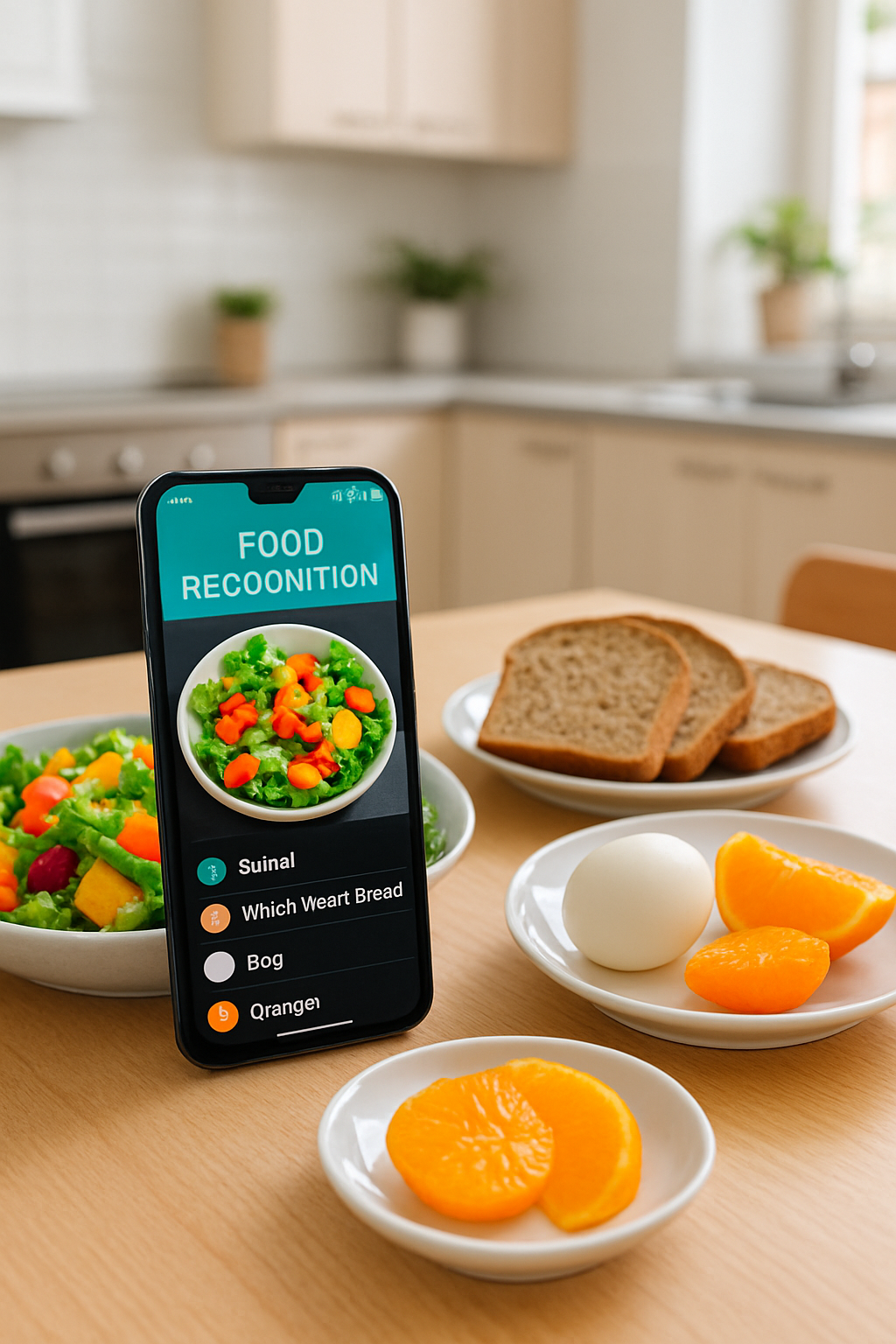 A smartphone displaying the SnapEat AI app, showing a photo of a meal with its nutritional analysis overlay.