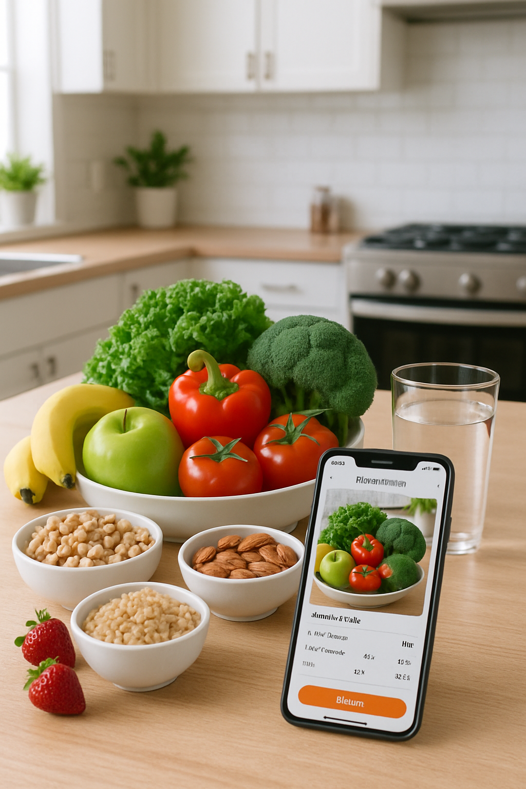 A vibrant image symbolizing the Ariana Grande-inspired wellness journey, featuring healthy plant-based food and the SnapEat AI app interface.