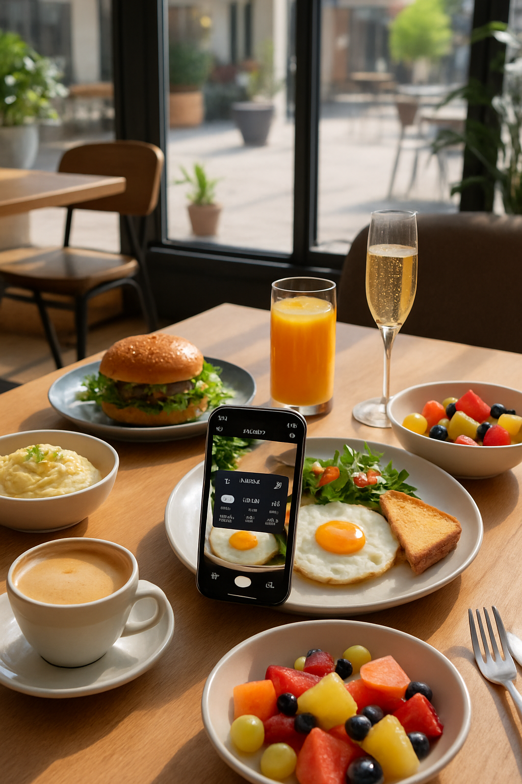 Smartphone displaying the SnapEat AI meal tracking app analyzing a brunch meal of eggs benedict and a mimosa.