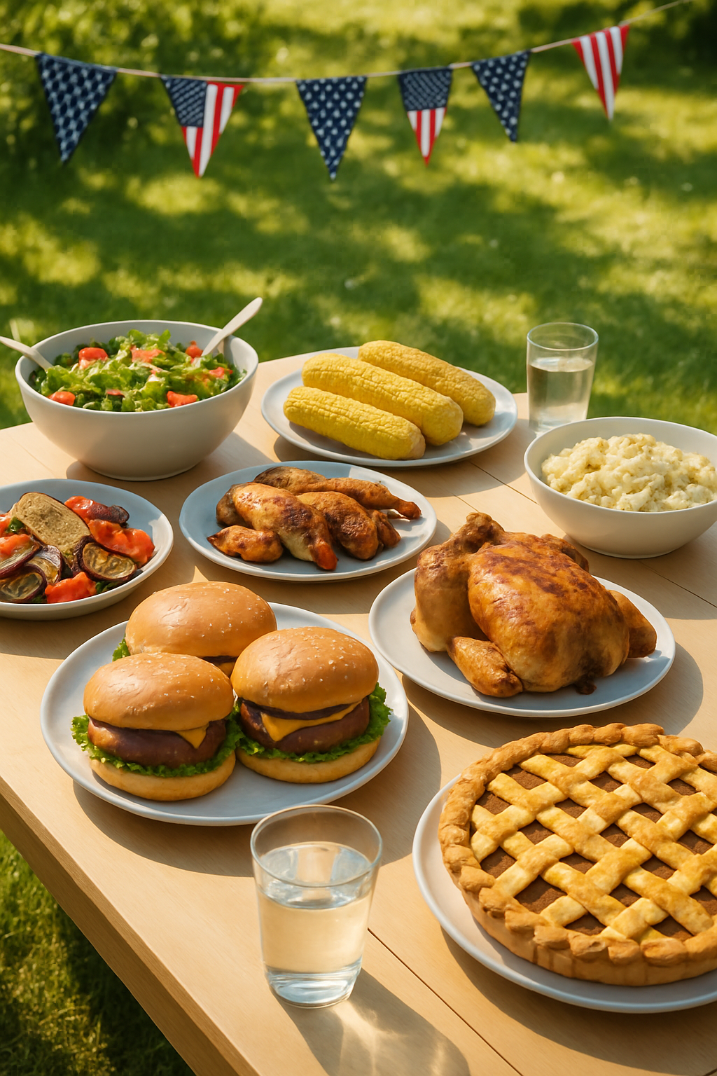 A healthy plate at a July 4th BBQ with a smartphone running the SnapEat AI nutrition tracker app.