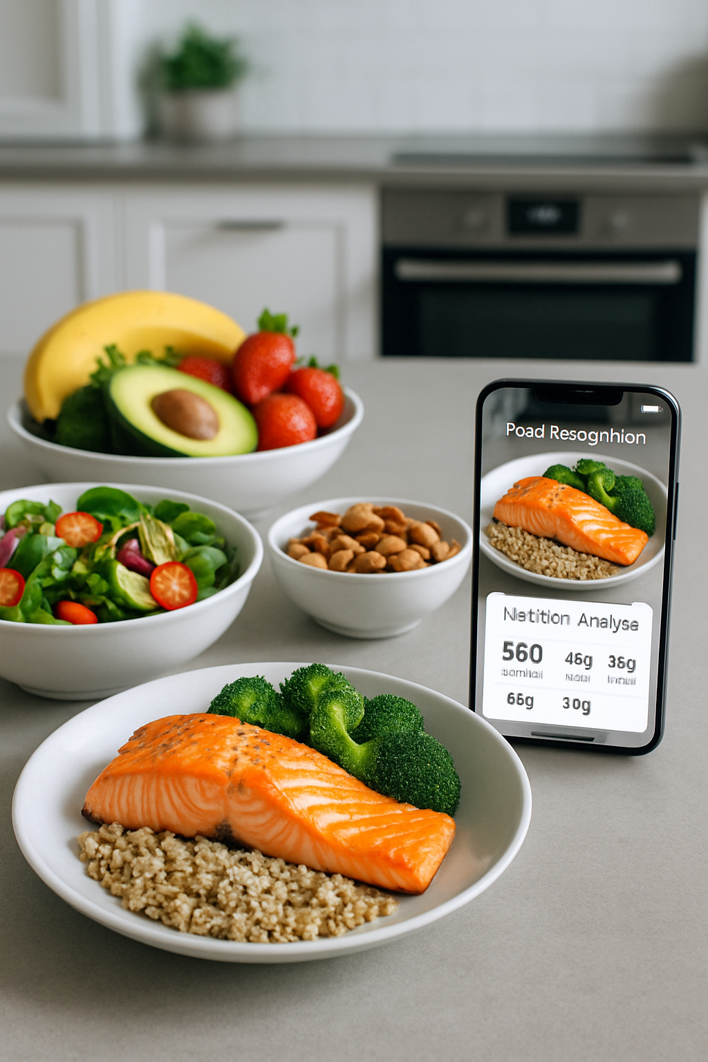 A smartphone displaying the SnapEat AI app interface, using AI to analyze and log a healthy meal from a photo.
