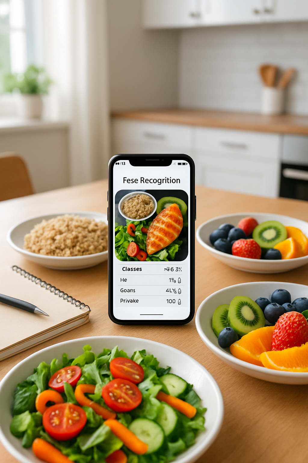 A smartphone displaying the SnapEat AI nutrition tracker app analyzing a meal of salmon and vegetables.