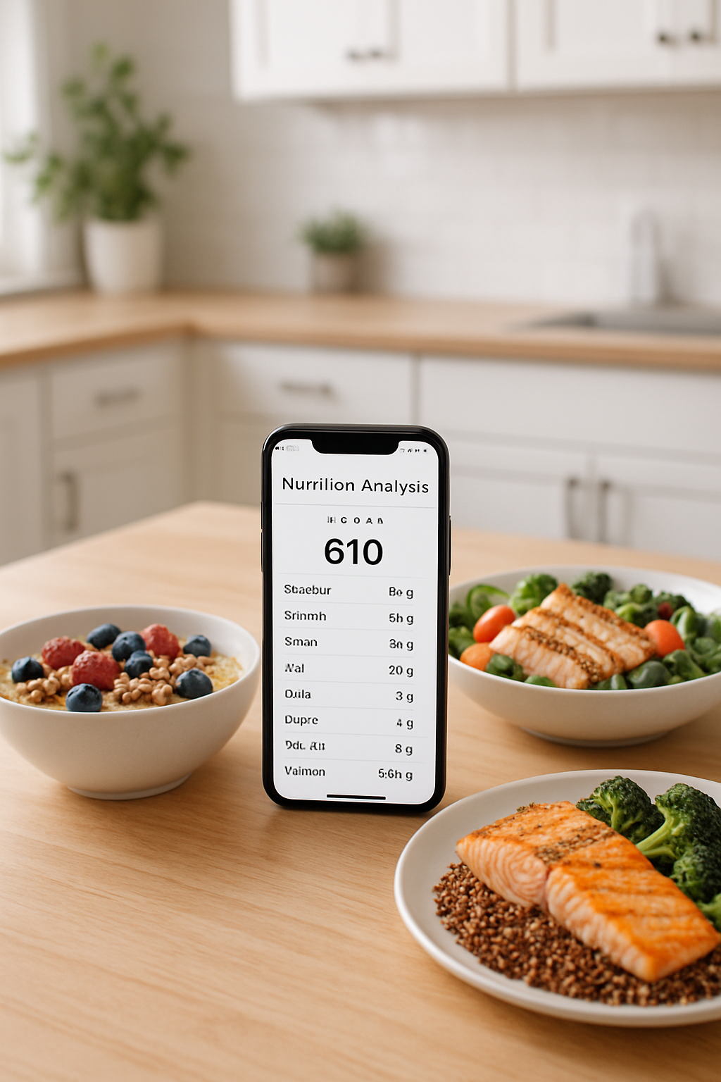 Smartphone displaying the SnapEat AI nutritionist app analyzing a healthy meal, illustrating how to achieve health goals.