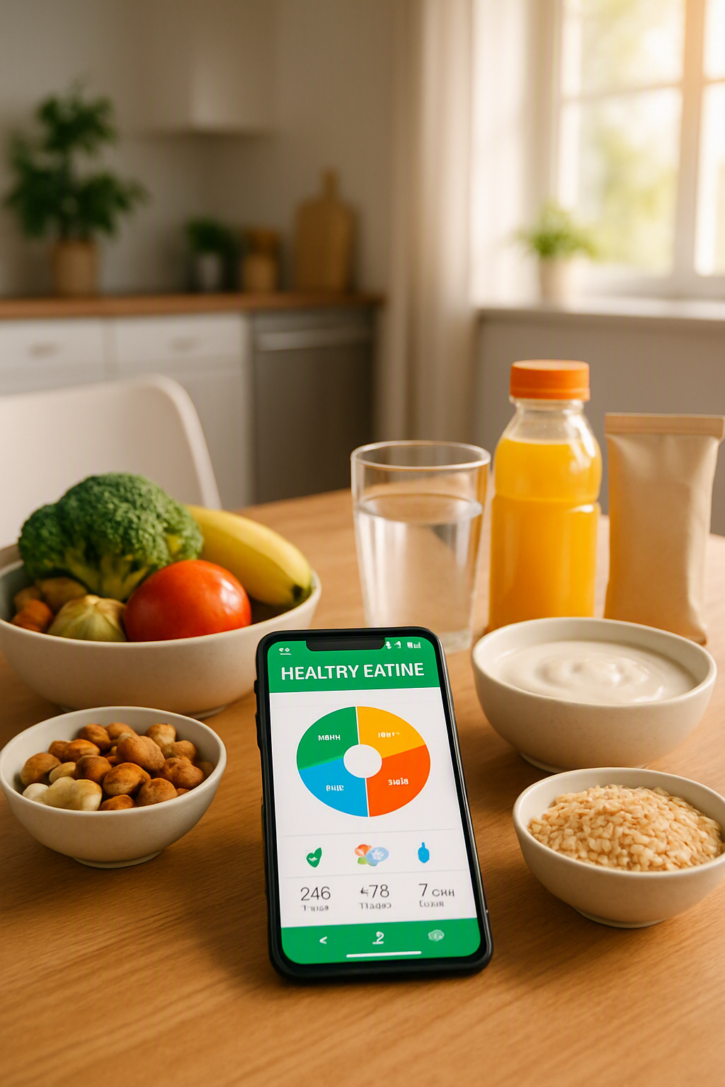 A woman happily using the SnapEat AI nutrition coach app to break bad eating habits by taking a photo of her healthy salad.