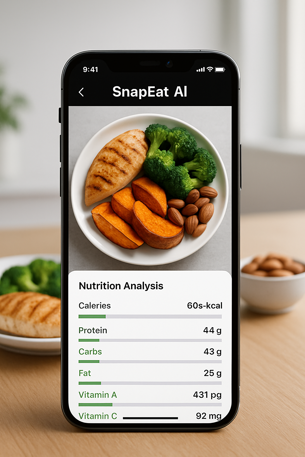 A smartphone displaying the SnapEat AI app interface with smart food recognition analyzing a healthy meal of chicken and vegetables.